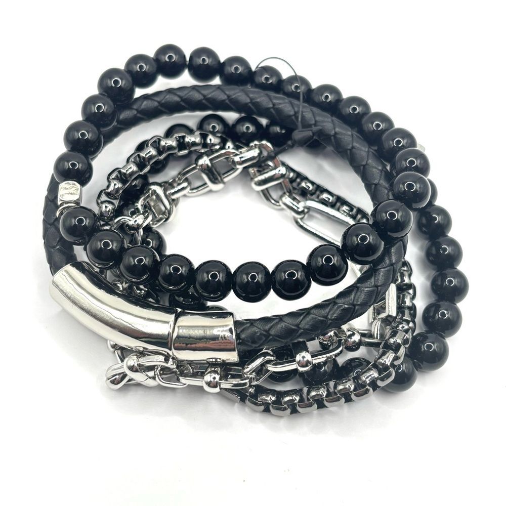 Express Men's Bracelet Combo Black and Silver Bracelet Set of 5